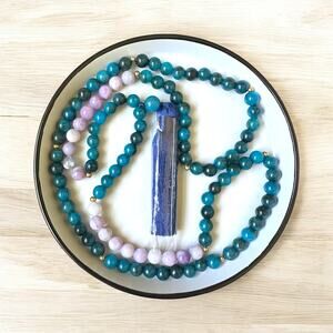 108 Mala Necklace with Apatite & Purple Mica Beads | 8mm Gemstone Yoga Tassel